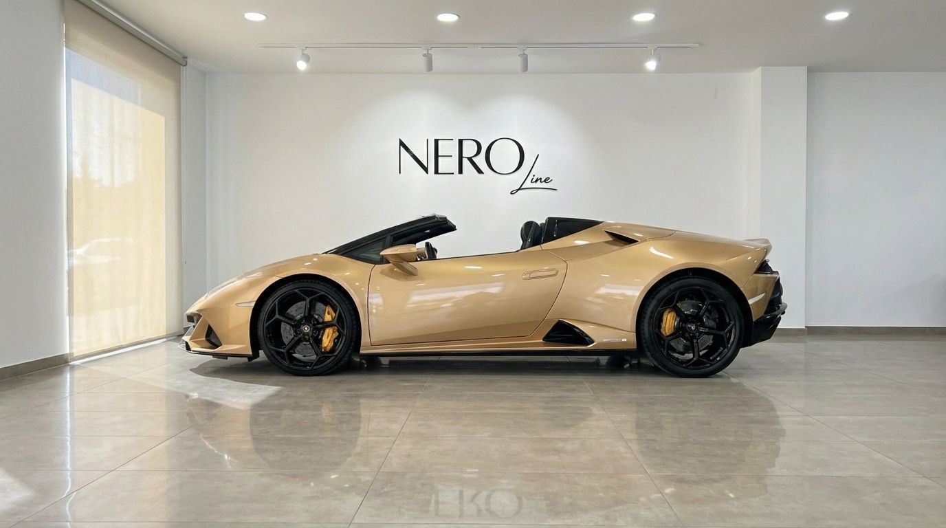 The golden beige Lamborghini Huracan Evo Spyder is shown in a side profile view with its convertible top down inside a showroom in Ibiza.