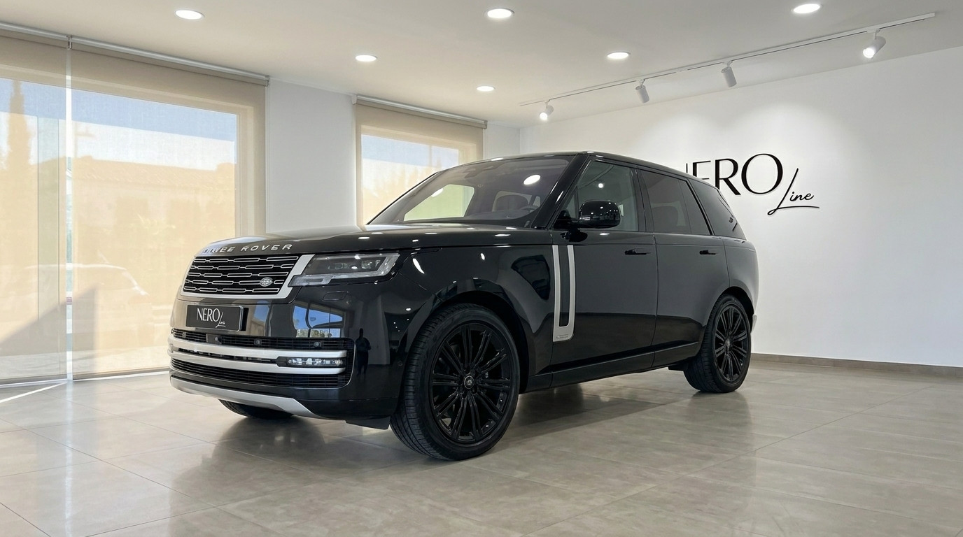 Land Rover Range Rover Vogue — Front view Marbella The sleek black Land Rover Range Rover Vogue SWB Autobiography is presented from a front three-quarter angle in a Marbella showroom.