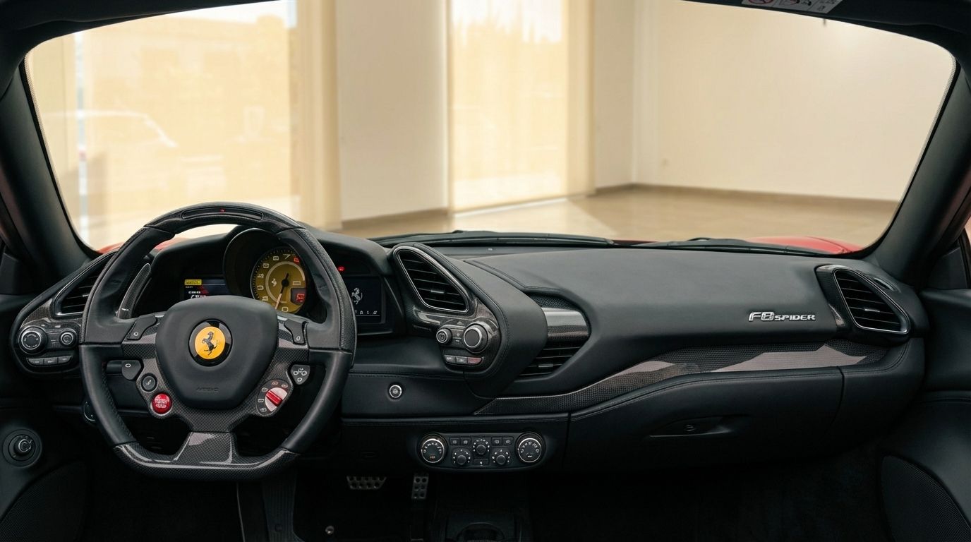 The luxurious and detailed cockpit of the Ferrari 488 Spider in Alicante, featuring the steering wheel and dashboard.