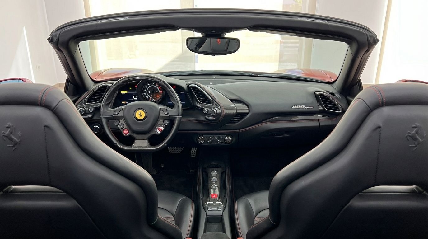 The luxurious cockpit of the Ferrari 488 Spider in Alicante, viewed from behind the black leather seats with red stitching.