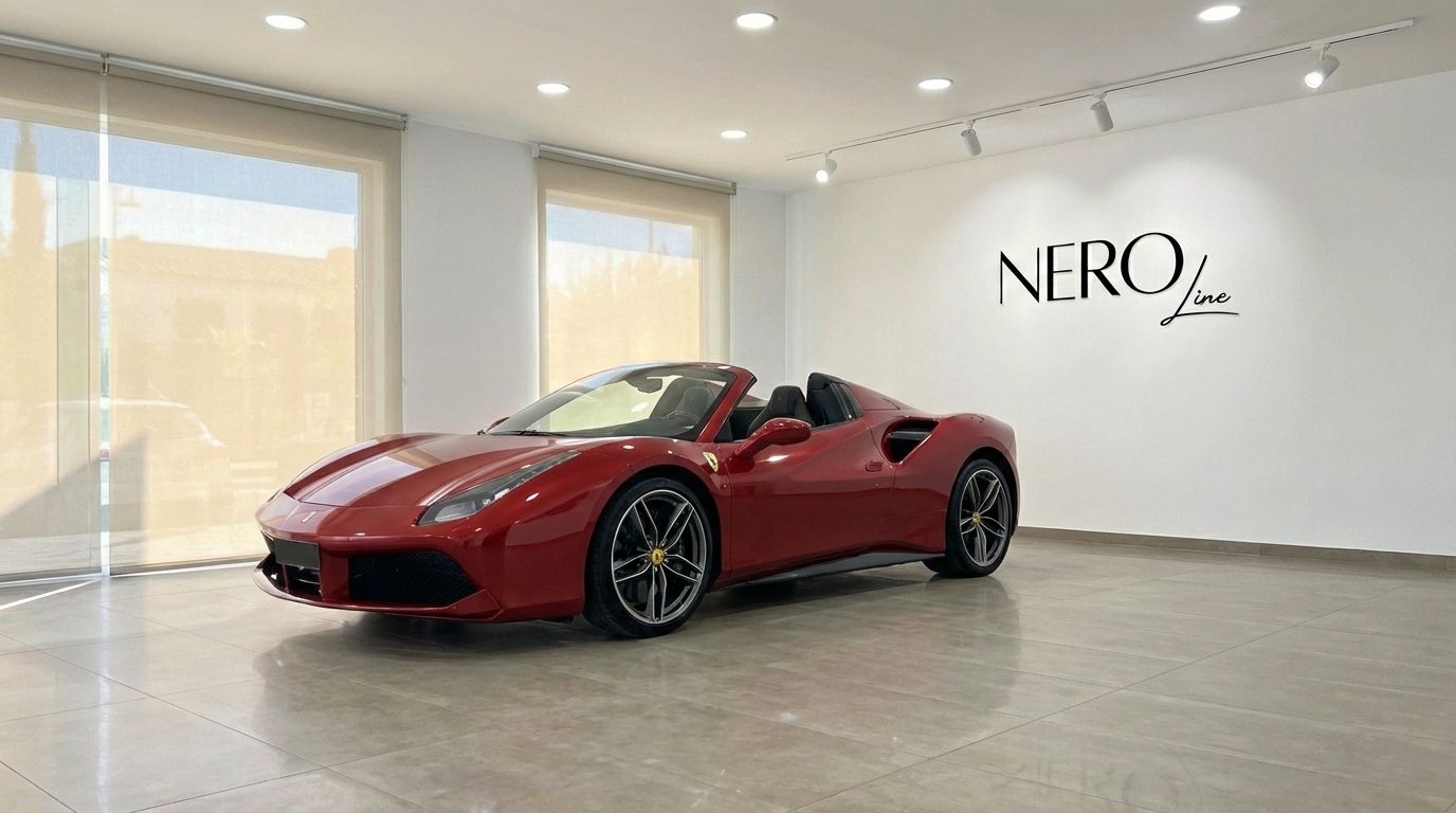 The racing red Ferrari 488 Spider convertible is prominently displayed in a modern showroom in Alicante, showcasing its sleek design.