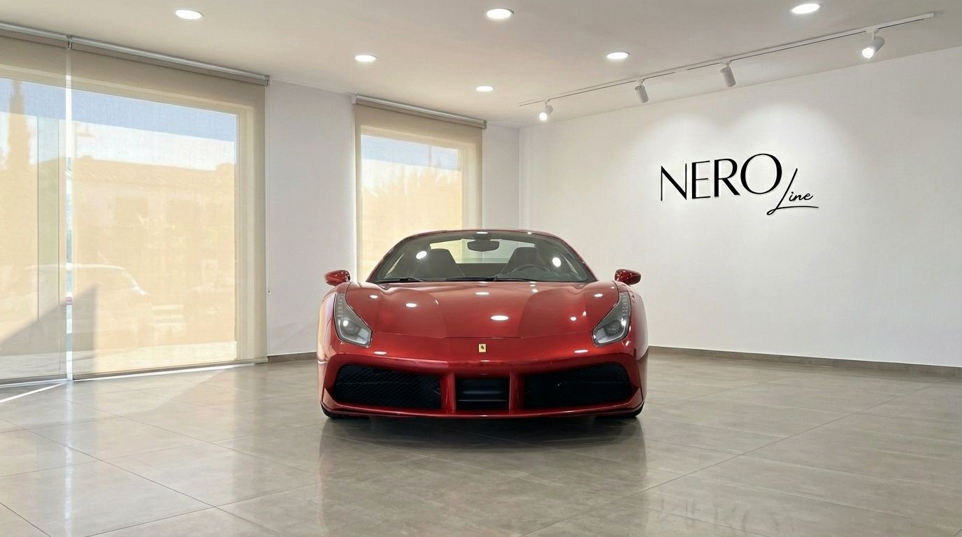 The striking racing red Ferrari 488 Spider is showcased from a front view in a bright showroom in Alicante.