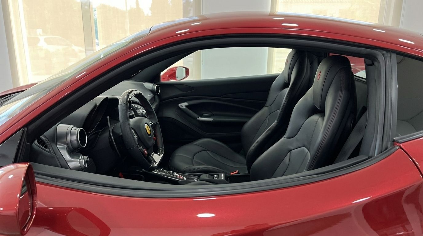 The luxurious black leather interior of the Ferrari 488 Spider in Alicante, featuring the driver's cockpit and passenger seat.