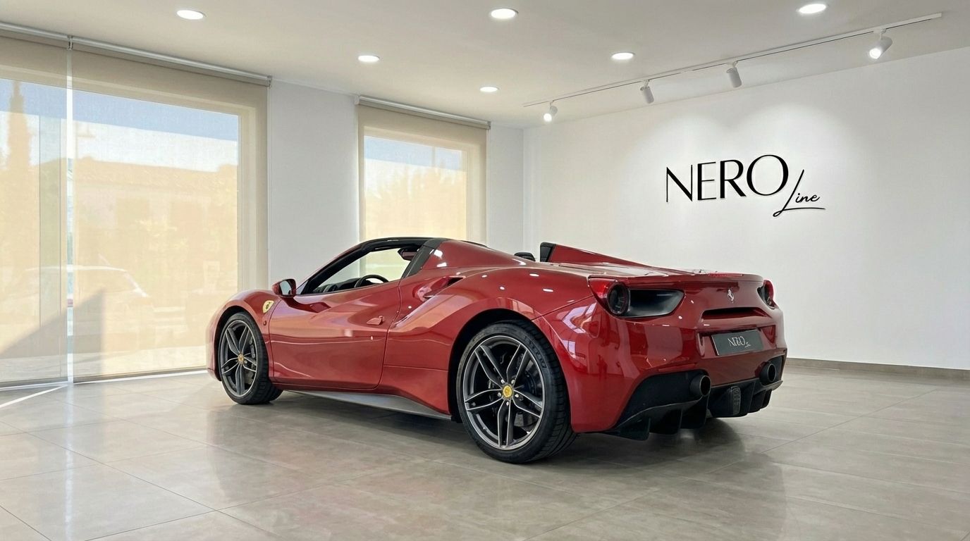 The racing red Ferrari 488 Spider convertible is parked indoors, showcasing its sleek rear three-quarter view in Alicante.