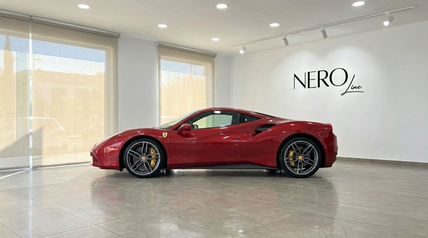 A vibrant red Ferrari 488 Spider is parked in a modern showroom, showcasing its sleek side profile in Alicante.