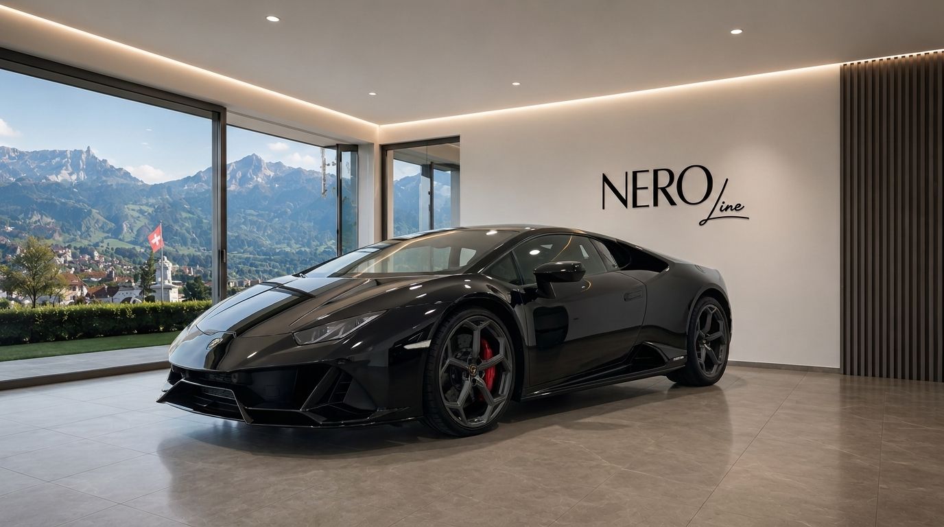 A black Lamborghini Huracan EVO LP640 is parked indoors, showcasing its sleek design against a stunning Zurich mountain landscape.