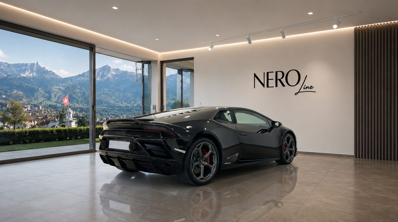 A black Lamborghini Huracan EVO LP640 is parked indoors, showcasing its sleek rear three-quarter view with a mountain landscape of Zurich visible through large windows.