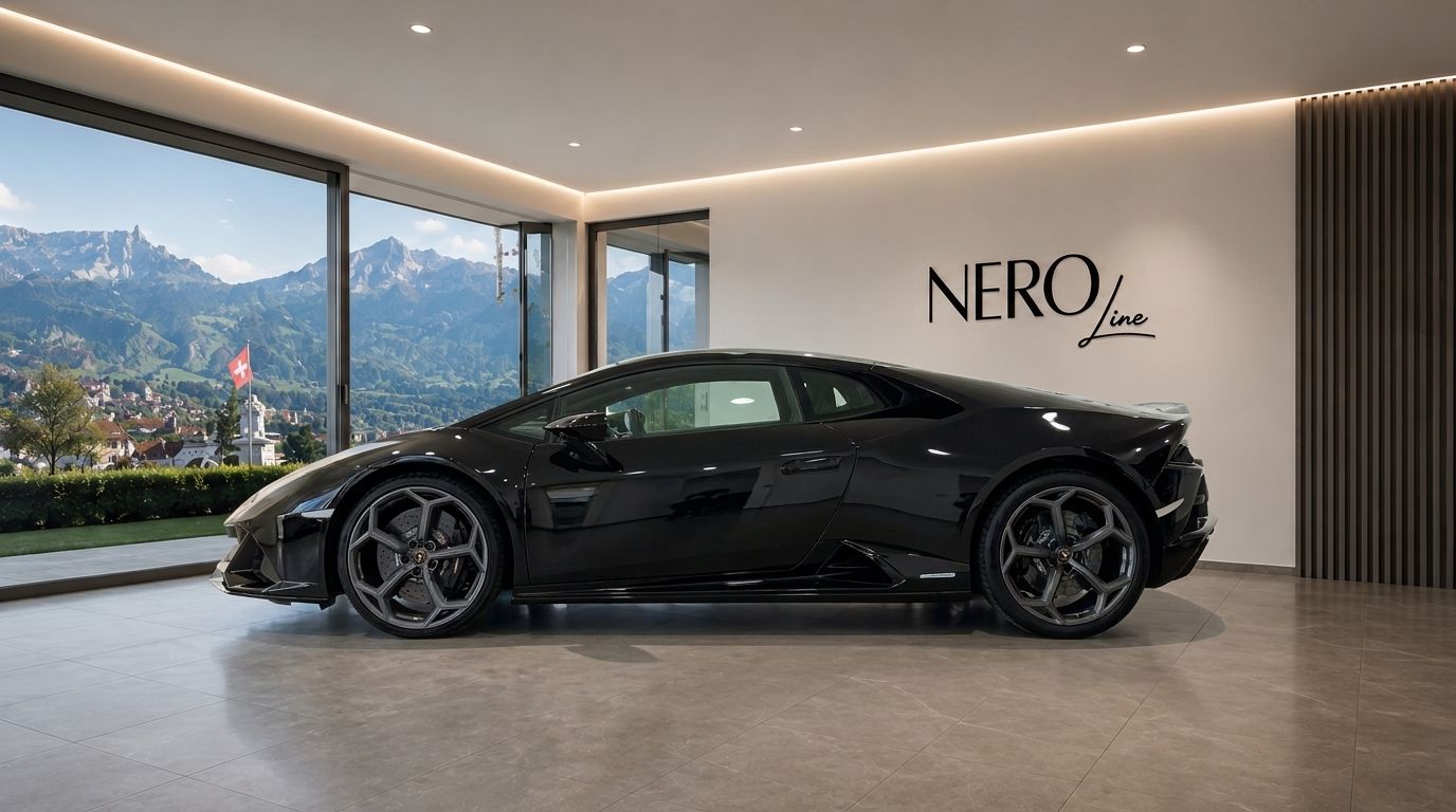 The black Lamborghini Huracan EVO LP640 is parked inside a modern showroom in Zurich, with stunning mountain views visible through large windows.