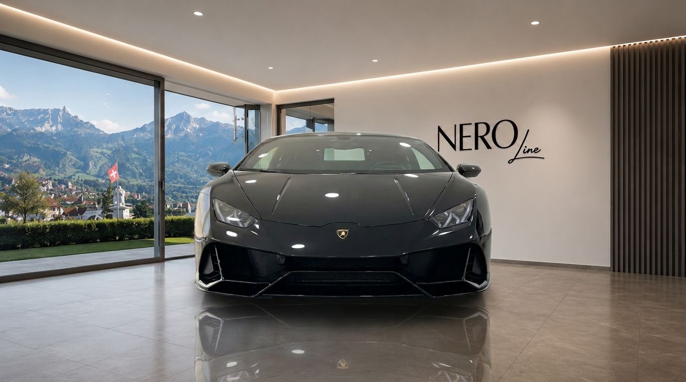 The black Lamborghini Huracan EVO LP640 is parked frontally in a modern showroom, with a panoramic view of the mountains and Zurich.