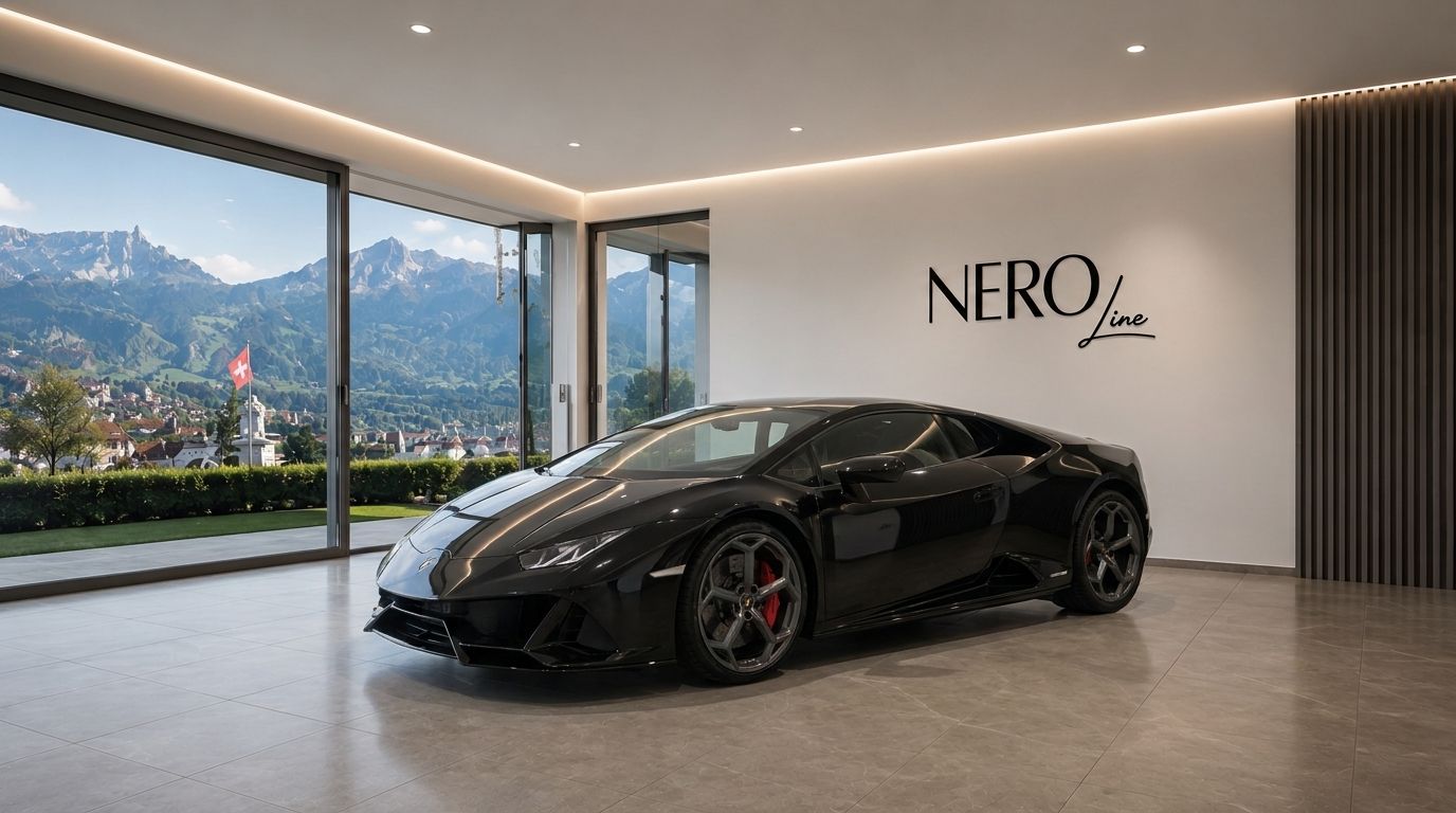 A sleek black Lamborghini Huracan EVO LP640 is parked in a modern showroom with a panoramic view of the mountains in Zurich.