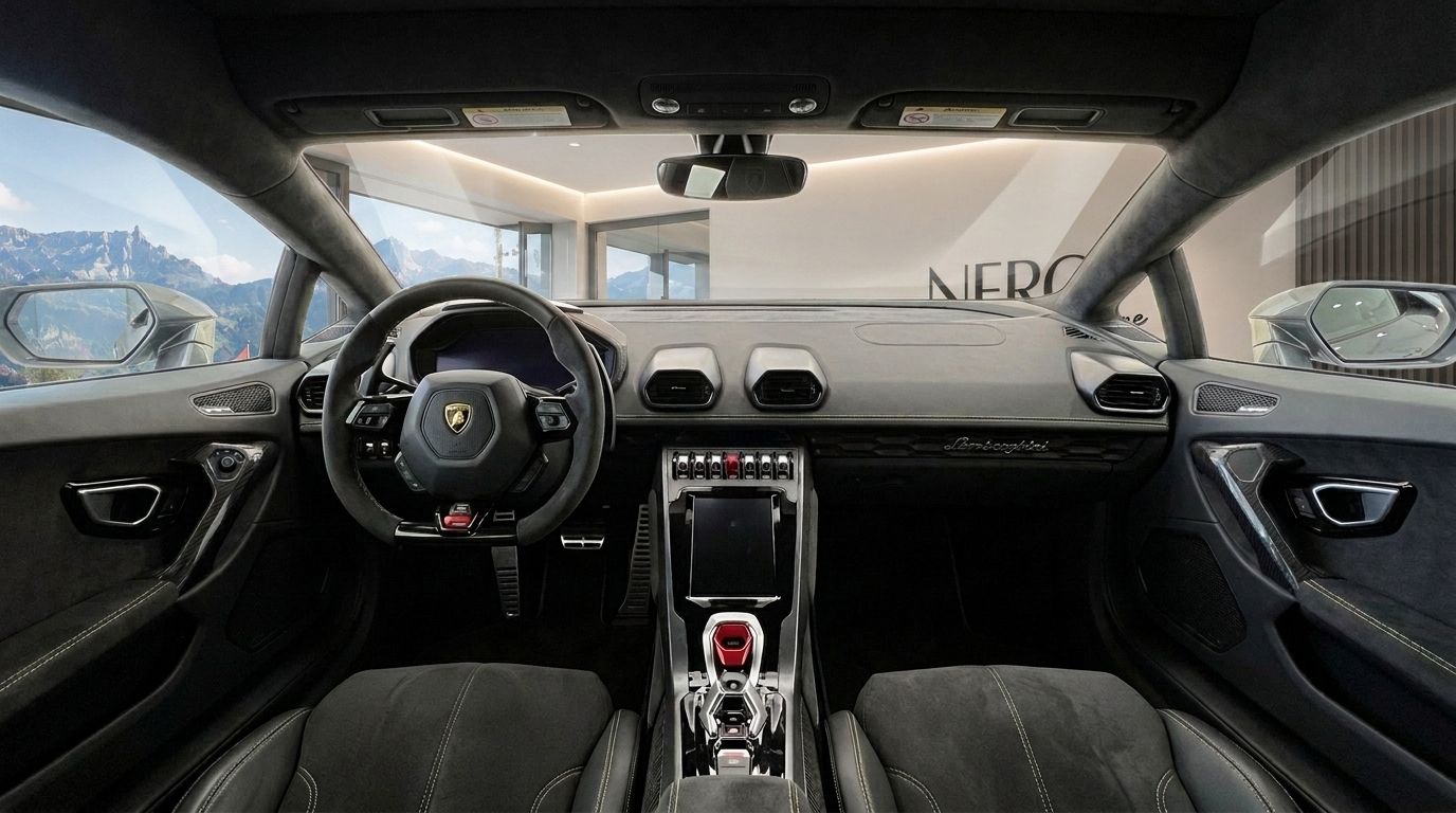 The luxurious interior of the Lamborghini Huracan EVO LP640 in Zurich, showcasing its dashboard, steering wheel, and central console with mountain views.