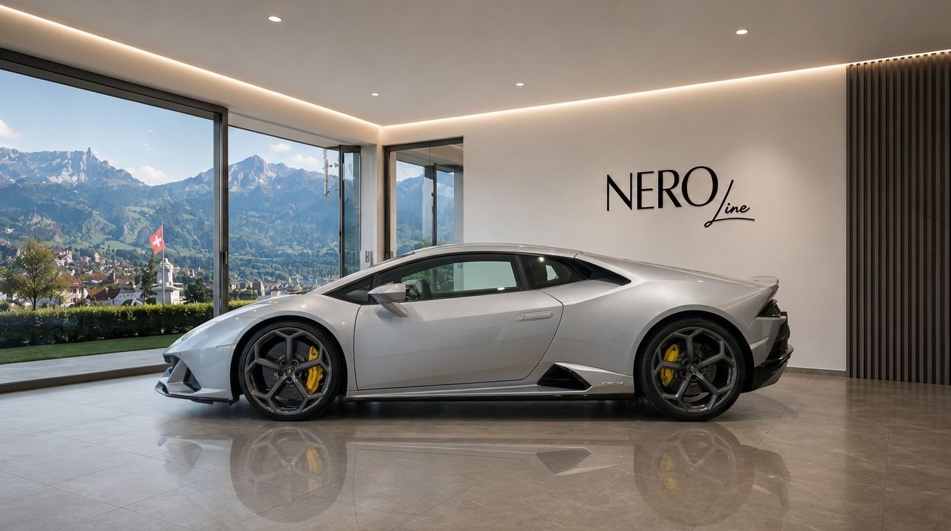 A silver Lamborghini Huracan EVO LP640 is parked inside a modern showroom in Zurich, with a panoramic view of the Swiss Alps.