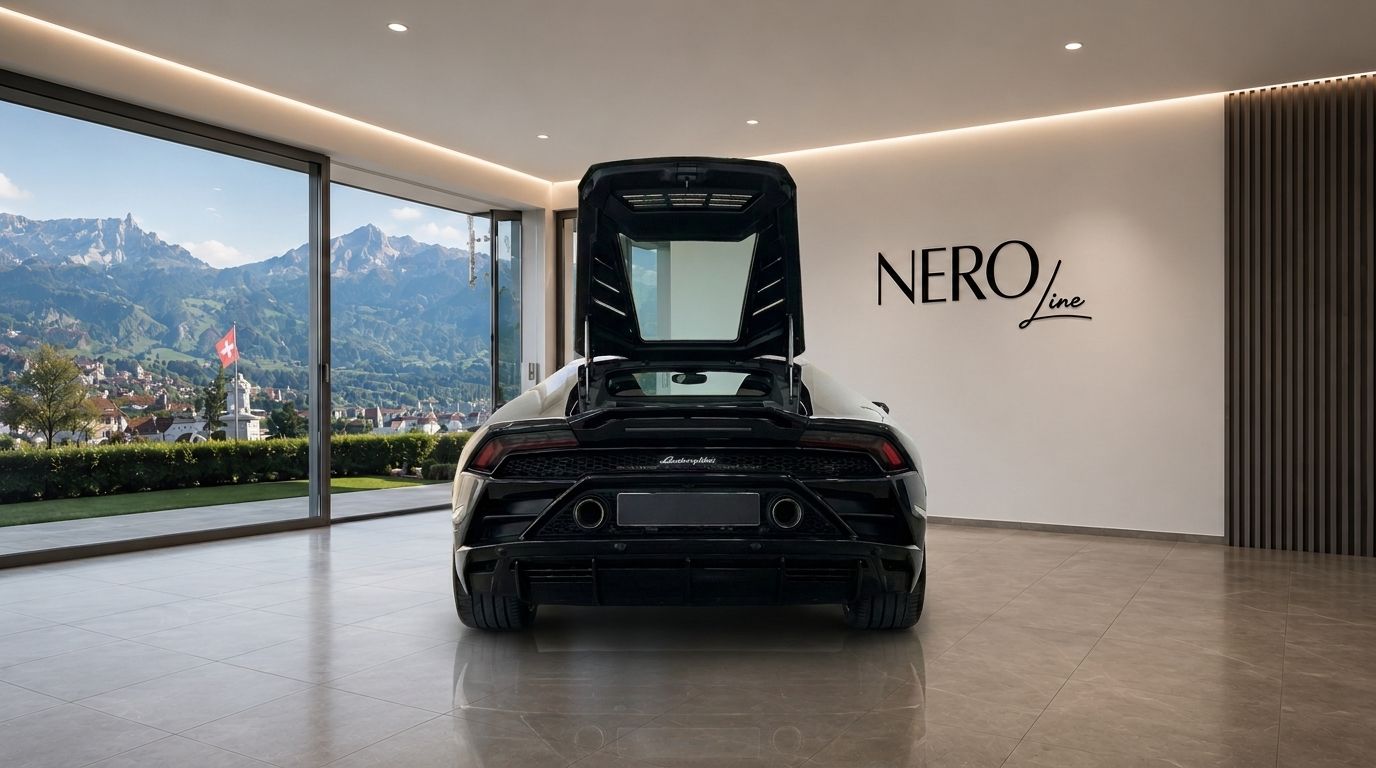 Lamborghini Huracan EVO LP640's rear with its engine bay open, parked in a modern showroom overlooking the Zurich mountains.