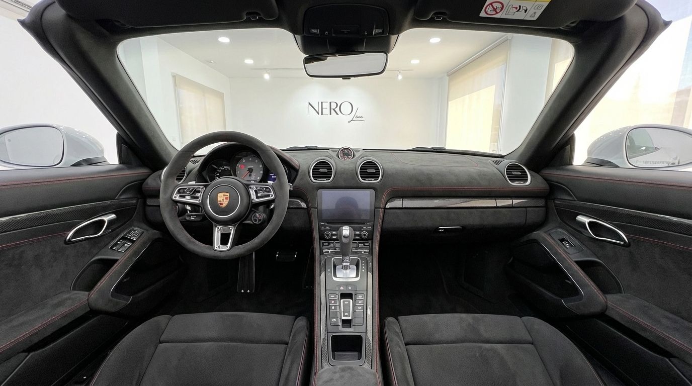 The luxurious interior cockpit of the Porsche 718 Boxster 4.0 GTS, featuring the dashboard, steering wheel, and central console, available for rent in Marbella.