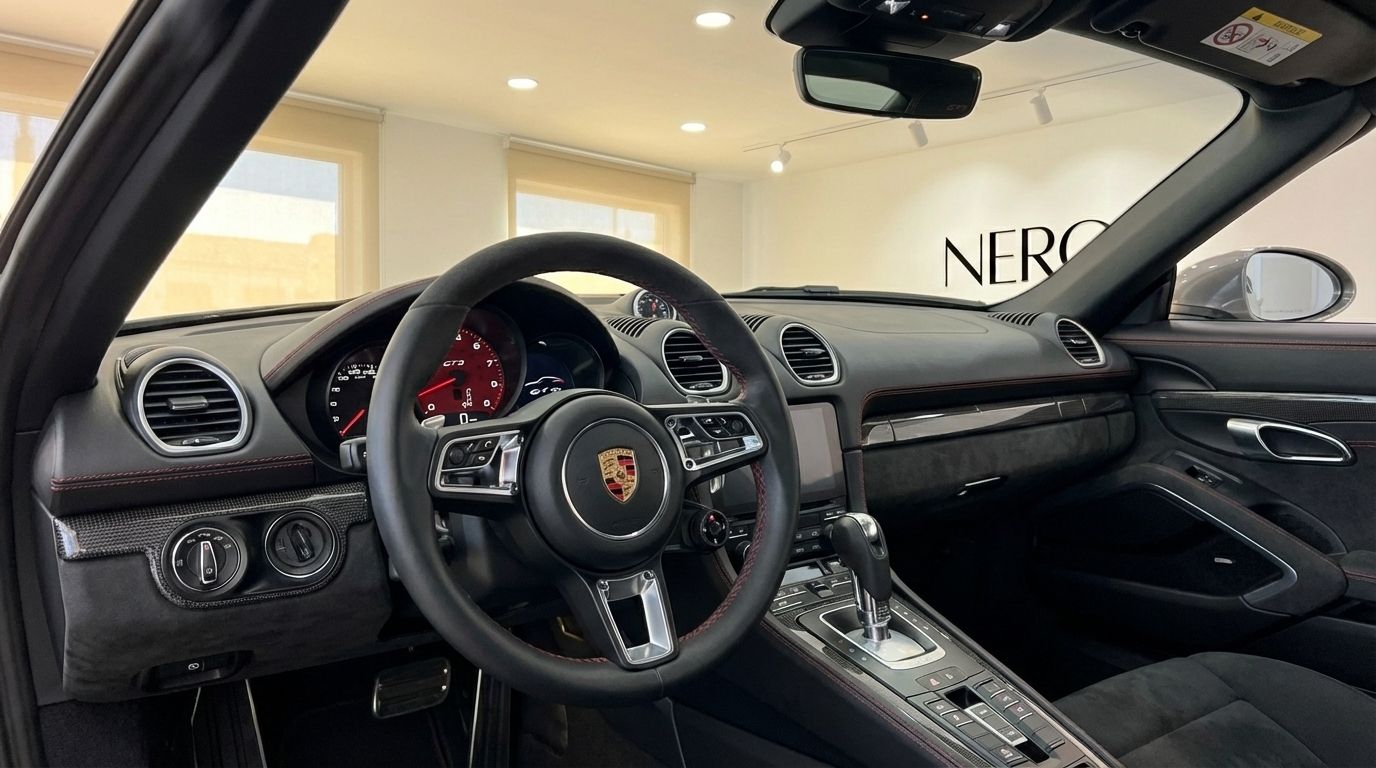 The luxurious cockpit and dashboard of the 2024 Porsche 718 Boxster 4.0 GTS, featuring a sporty steering wheel and metallic silver accents, available in Marbella.