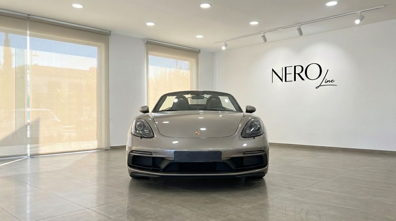 A metallic silver Porsche 718 Boxster 4.0 GTS convertible is shown from the front, parked in a bright Marbella showroom.