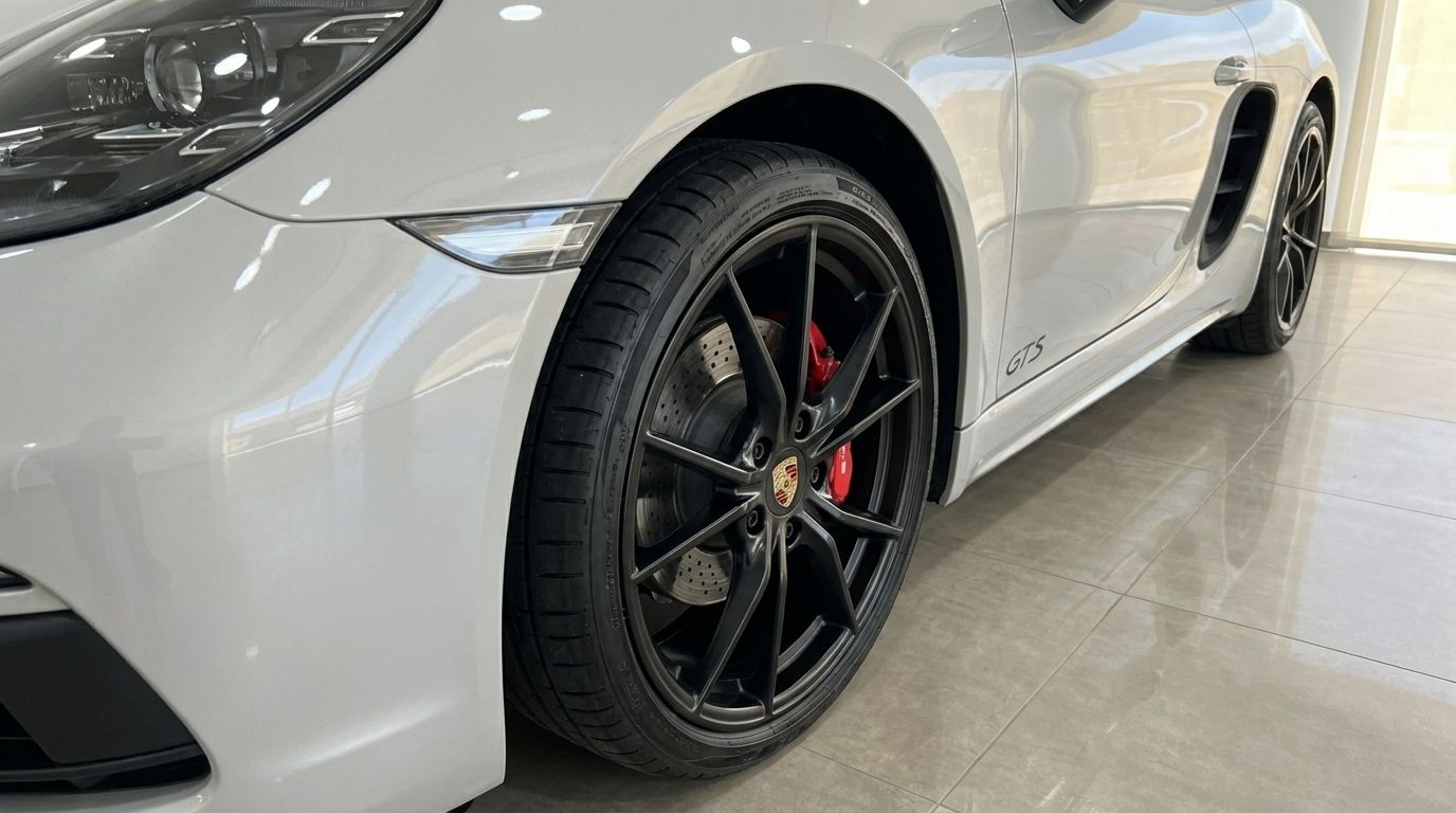 The metallic silver Porsche 718 Boxster 4.0 GTS in Marbella, showcasing its front wheel, red brake calipers, and side profile.