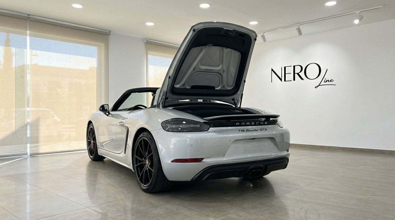 The metallic silver Porsche 718 Boxster 4.0 GTS convertible is shown from the rear with its trunk open in a Marbella showroom.