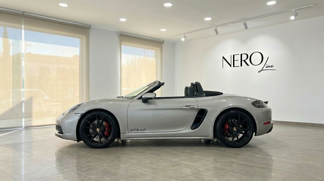 The metallic silver 2024 Porsche 718 Boxster 4.0 GTS convertible is showcased in a Marbella showroom with its top down.