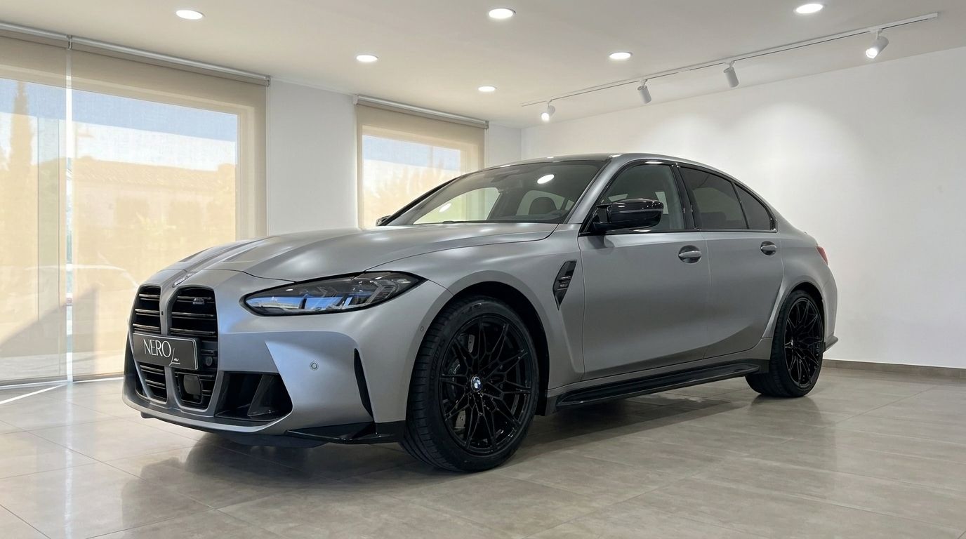 The matte frozen pure grey BMW M3 Competition xDrive is prominently displayed from a front three-quarter angle in a Marbella showroom.