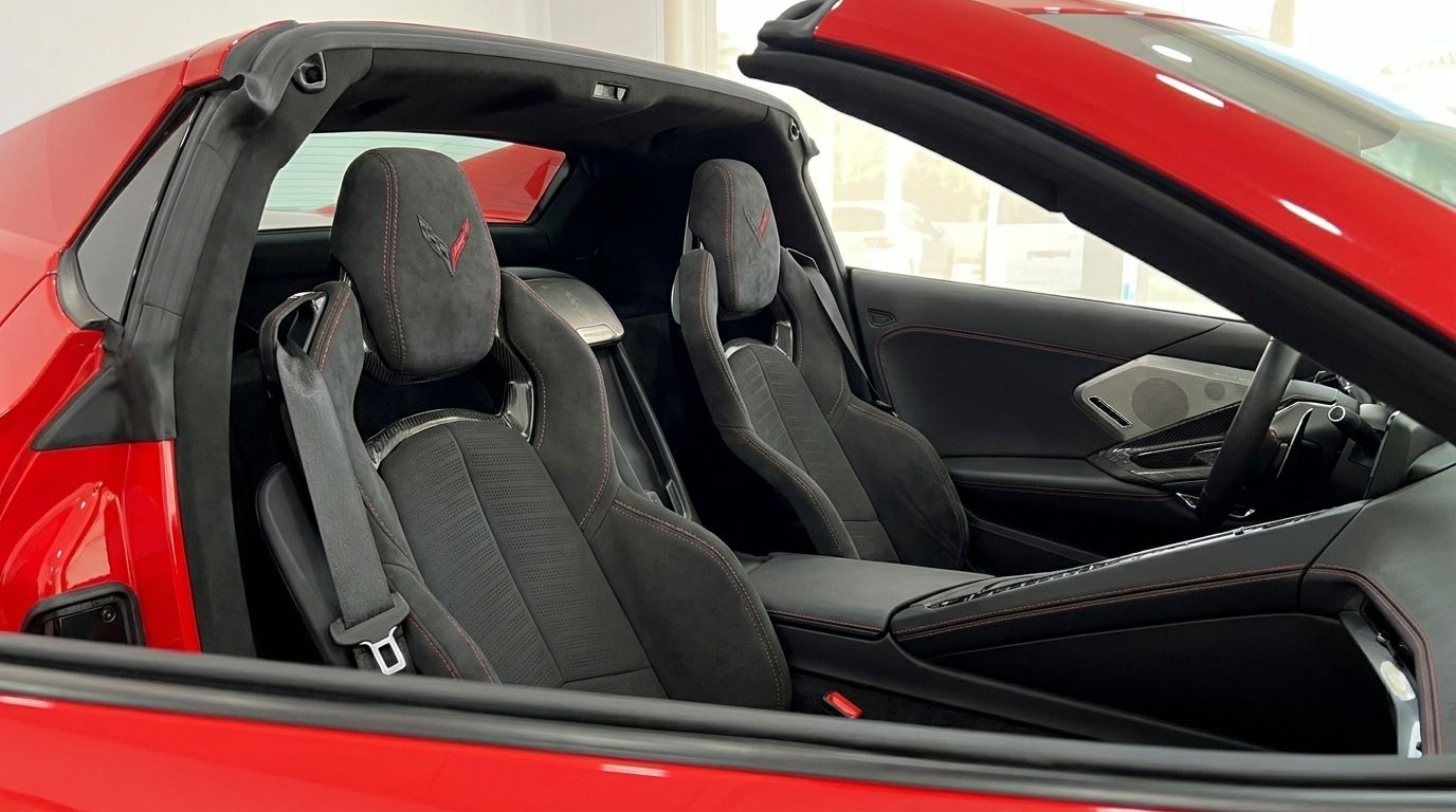 Das luxuriöse schwarze Interieur mit roten Nähten und Sportsitzen des Chevrolet Corvette Stingray C8 in Alicante.