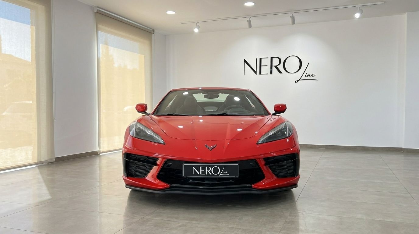 Der rote Chevrolet Corvette Stingray C8 wird von vorne prominent in einem hellen Ausstellungsraum in Alicante präsentiert.
