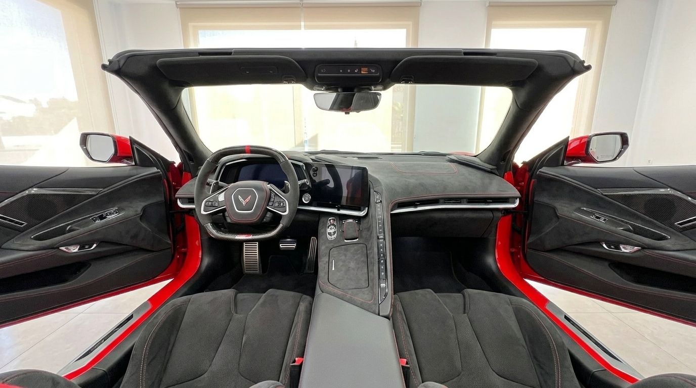 Das luxuriöse rote Interieur des Chevrolet Corvette Stingray C8, mit modernem Cockpit, Lenkrad und geöffneten Türen in Alicante.
