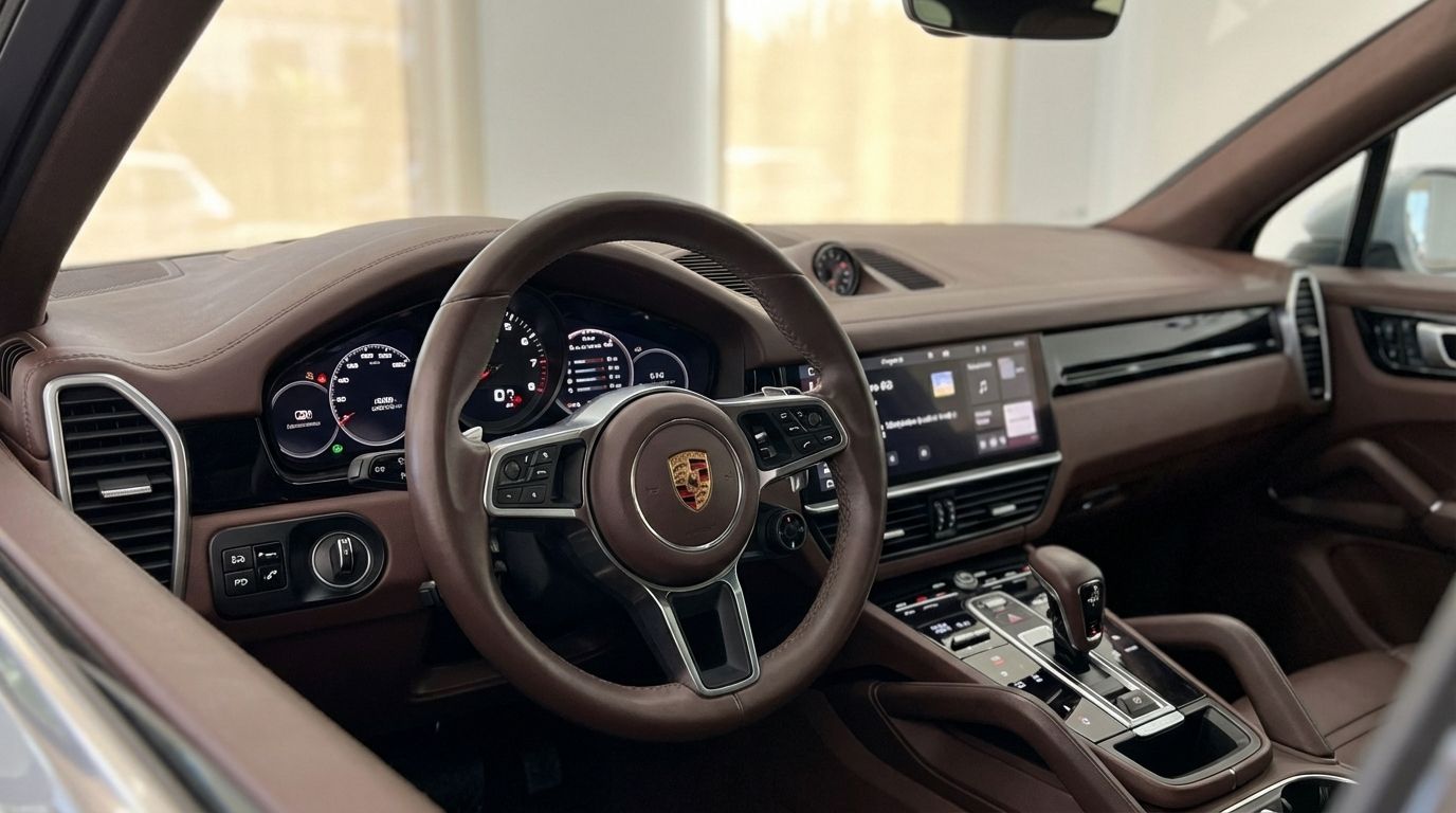 The luxurious brown leather interior of the Porsche Cayenne Coupe in Marbella, showcasing the steering wheel, dashboard, and infotainment system.