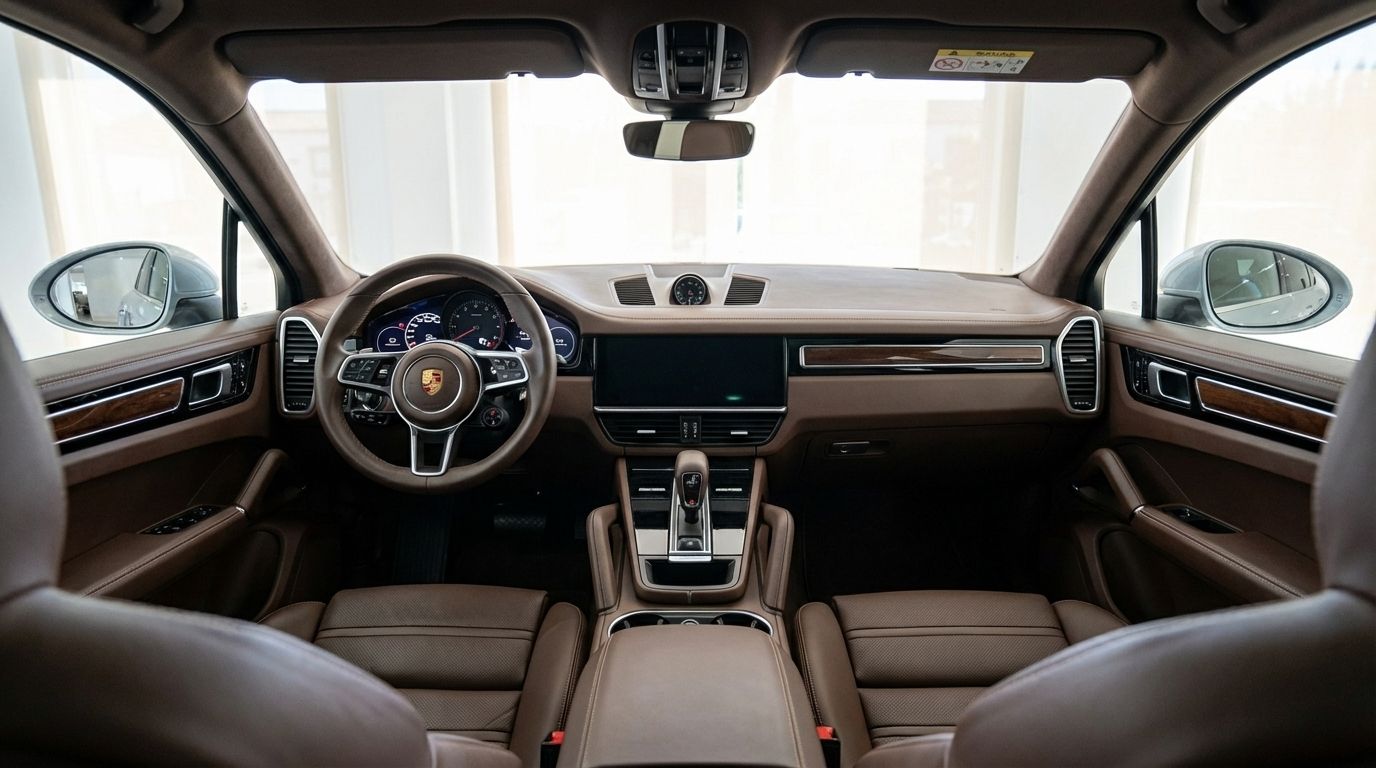 The image shows the luxurious brown leather interior and cockpit of the Porsche Cayenne Coupe in Marbella.