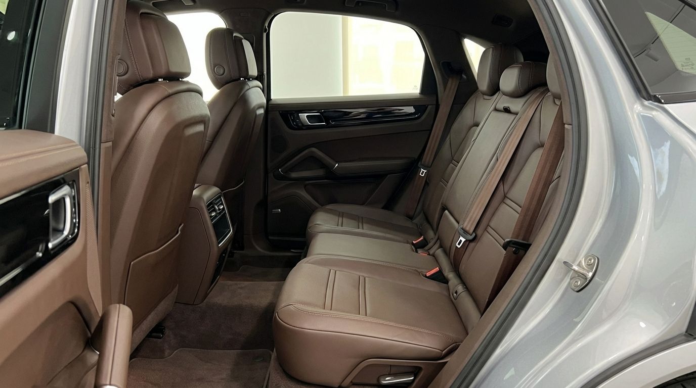 The spacious rear interior of the 2024 Porsche Cayenne Coupe in Marbella, featuring luxurious brown leather seats.