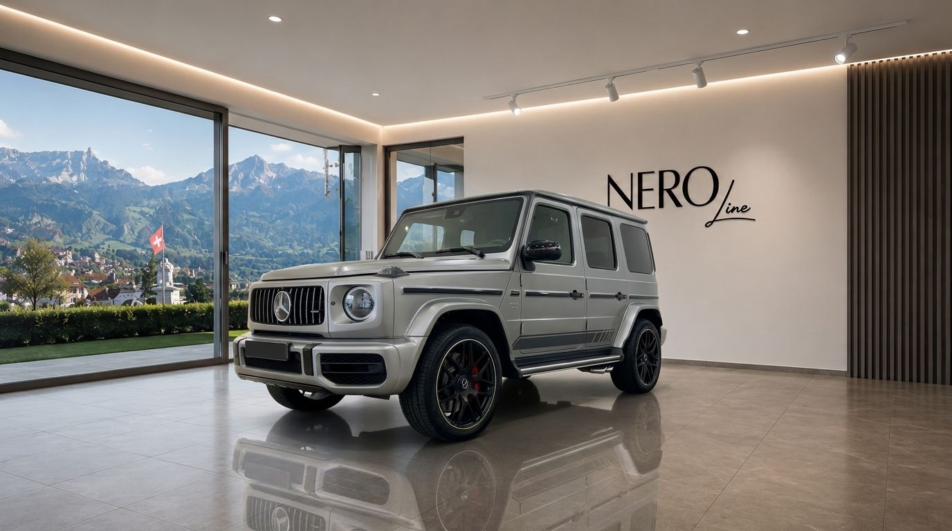 The Mercedes G63 Grau, a matte silver luxury SUV, is parked in a modern Zurich showroom with a panoramic mountain view.