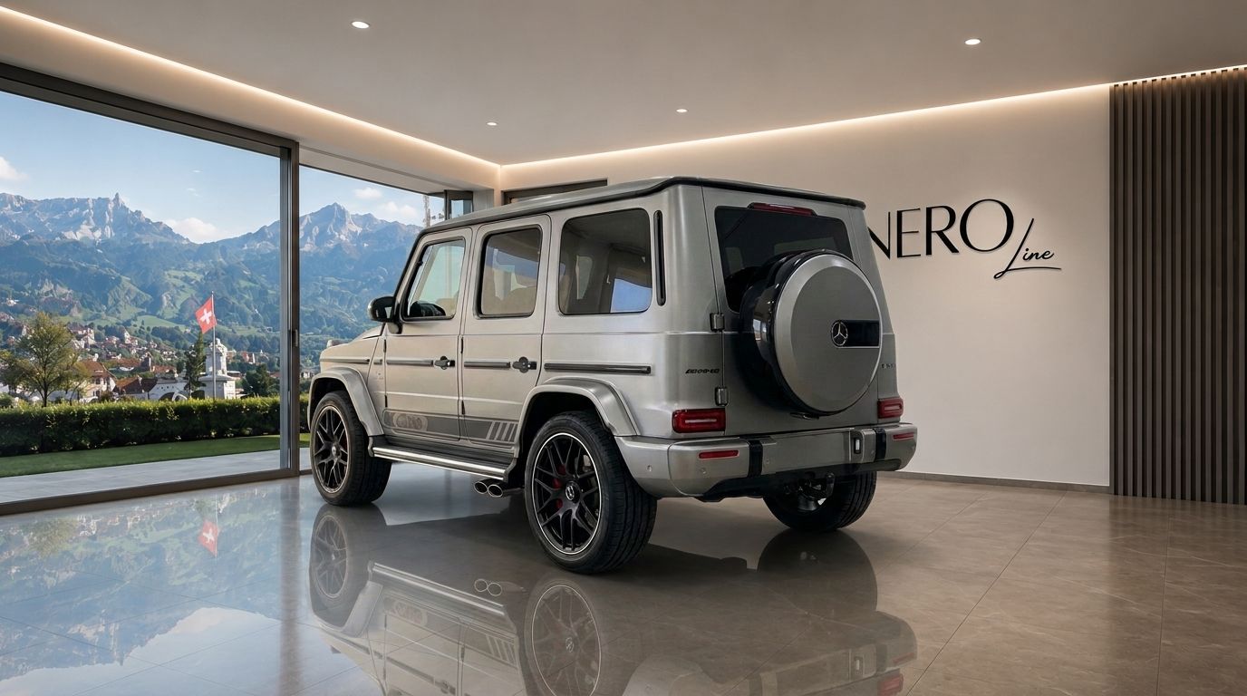 A matte silver Mercedes G63 Grau is parked in a modern showroom with a large window overlooking the Zurich mountains.