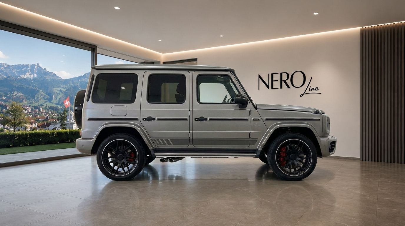 Matte silver Mercedes G63 Grau SUV displayed from a side profile in a showroom, with Swiss mountains visible outside in Zurich.