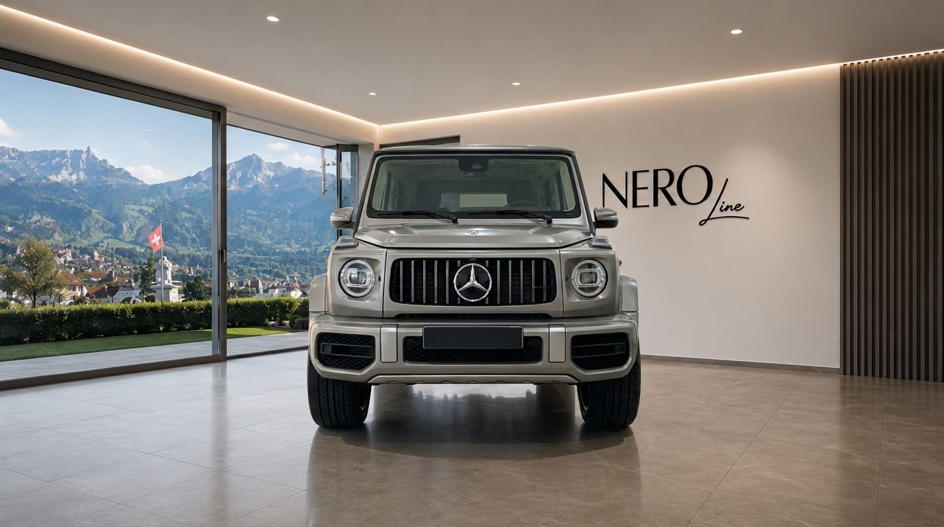 The Mercedes G63 Grau in matte silver is prominently displayed in a modern showroom, with a stunning mountain landscape of Zurich visible through the large window.