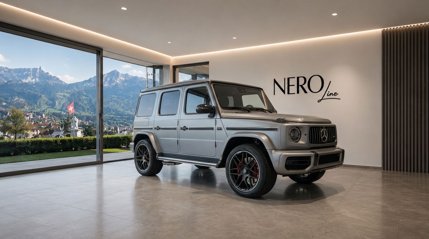 The matte silver Mercedes-AMG G63 Grau is parked in a showroom with a stunning Zurich mountain view.