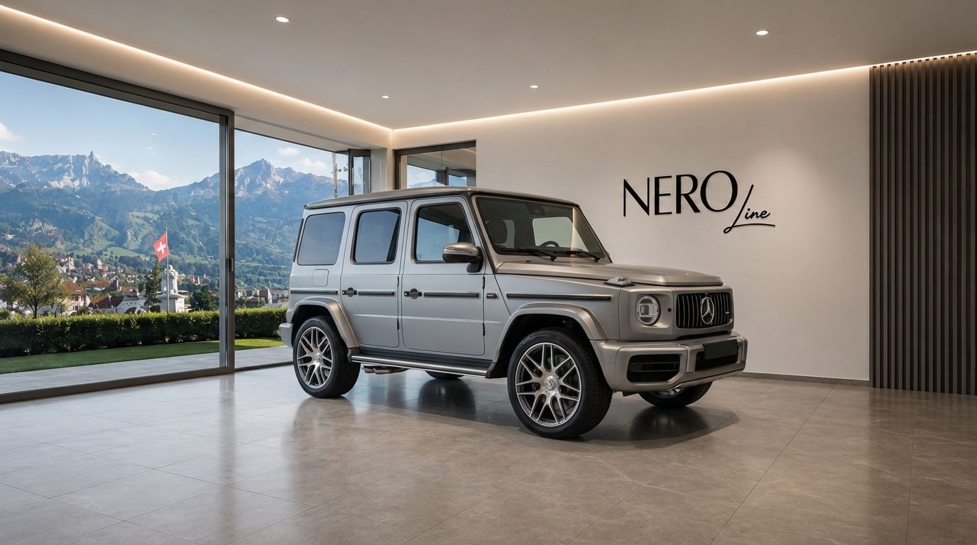 Matte silver Mercedes G63 Grau SUV, front three-quarter view, parked indoors with a large window overlooking the Swiss mountains and a town in Zurich.