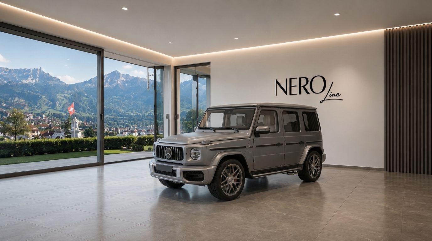 A matte silver Mercedes G63 Grau is parked indoors, front three-quarter view, with a mountain landscape and Swiss flag visible outside in Zurich.