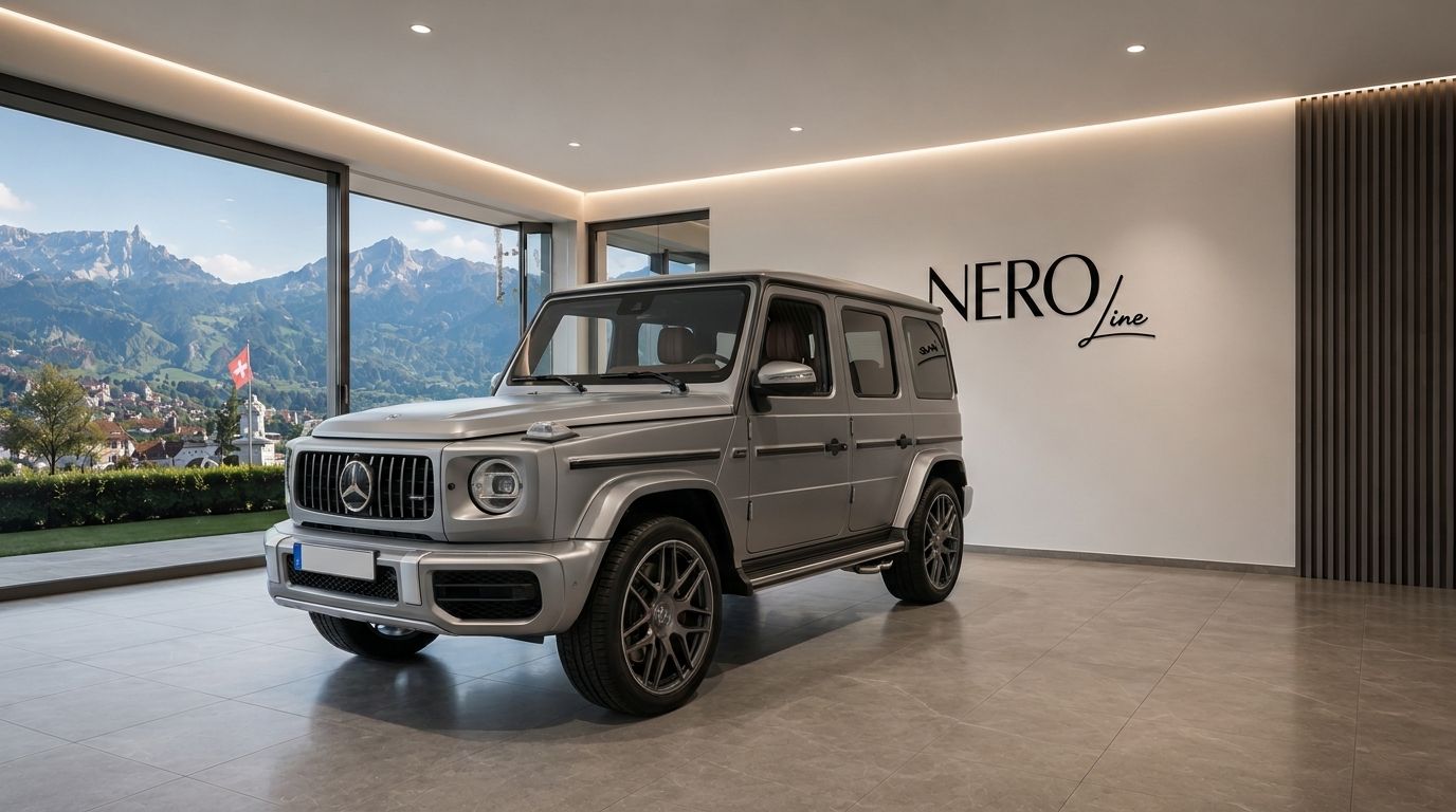 Matte silver Mercedes G63 Grau parked in a showroom with large windows overlooking Zurich mountains.