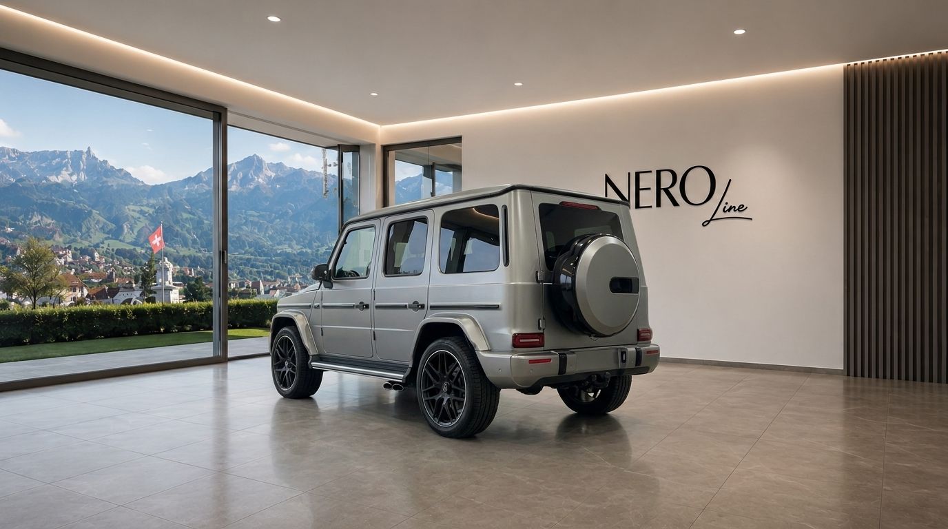 The matte silver Mercedes G63 Grau is parked in a modern showroom, with a stunning view of the Zurich mountains.