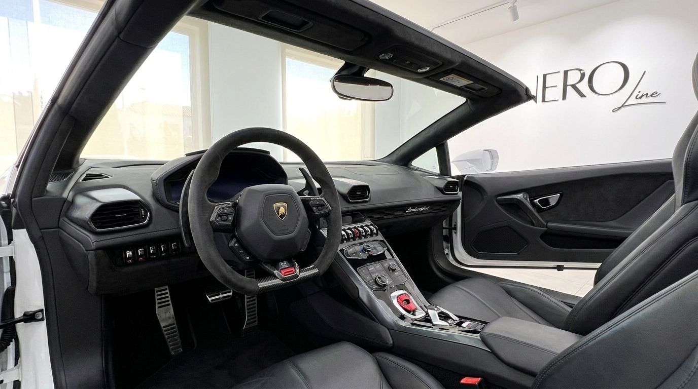 The luxurious black leather interior of the Lamborghini Huracan Spyder LP610-4, featuring the steering wheel and dashboard in Alicante.