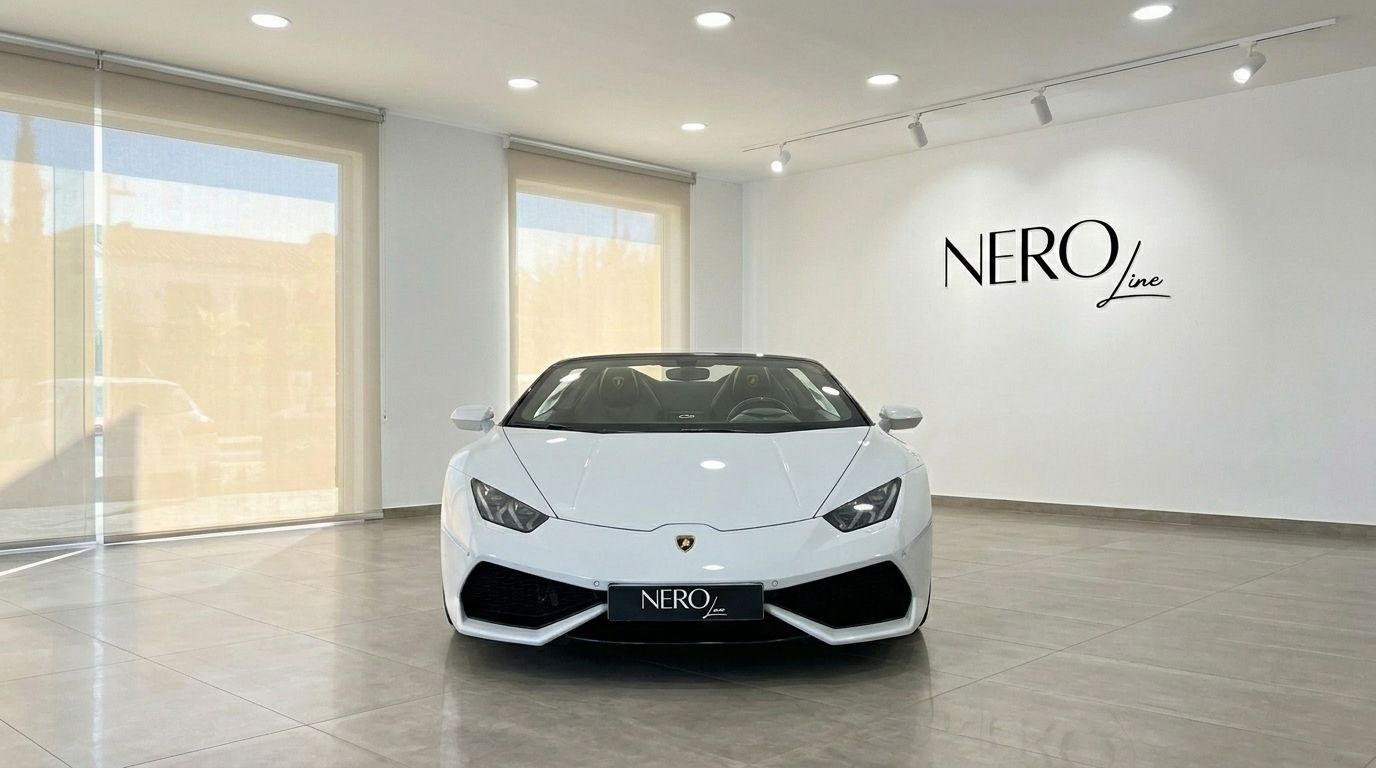 The white Lamborghini Huracan Spyder LP610-4 convertible is showcased from the front in a bright Alicante showroom.