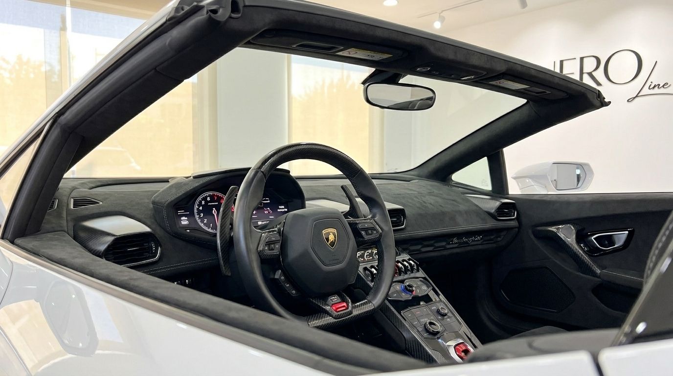 The luxurious interior of the white Lamborghini Huracan Spyder LP610-4, featuring its steering wheel and dashboard in Alicante.