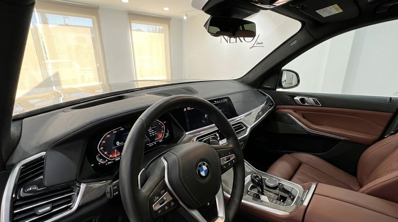 El lujoso interior del BMW X7 xDrive 2023 en Alicante, mostrando el puesto de conducción con volante, salpicadero y asientos de cuero marrón.