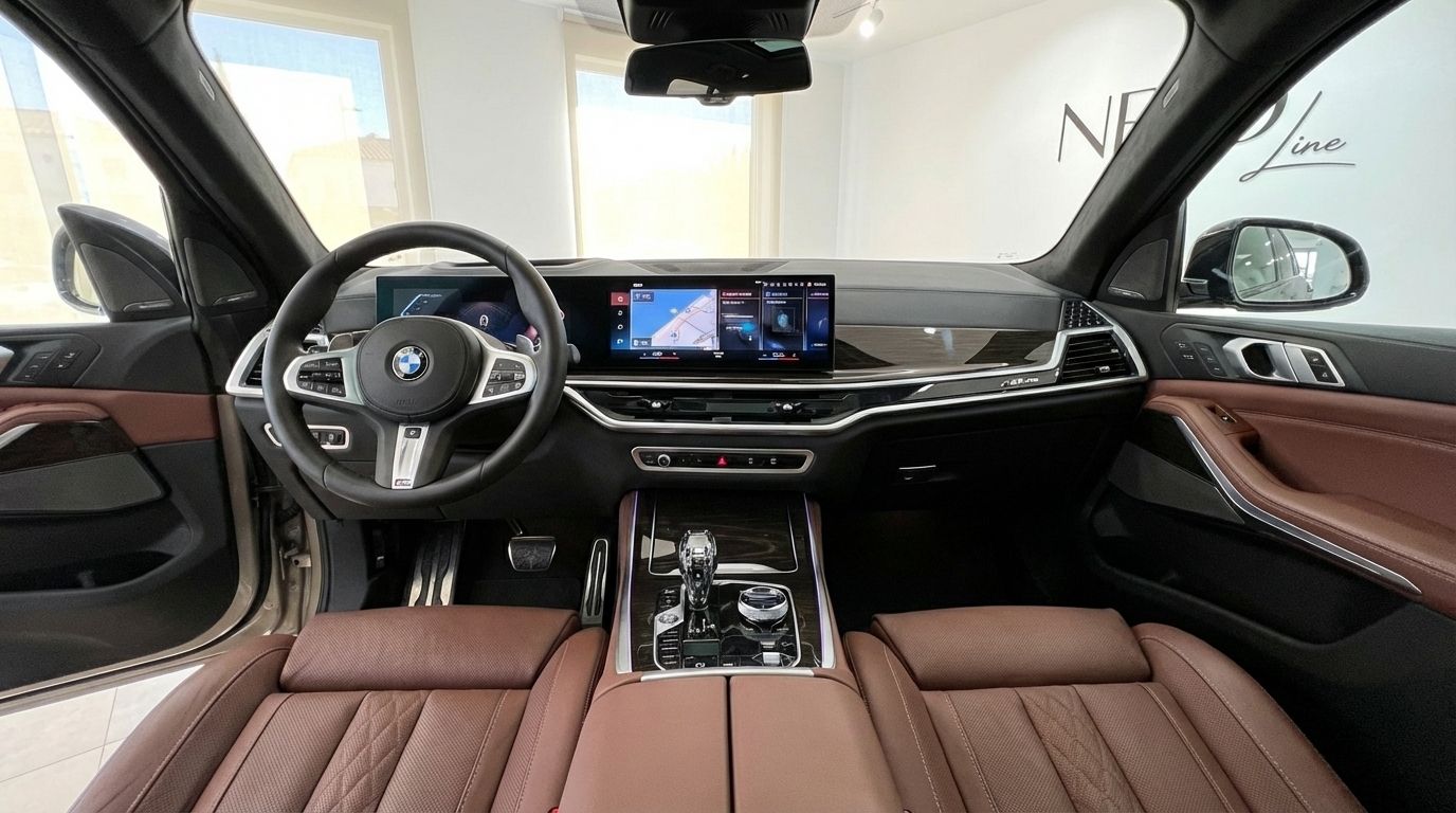 El lujoso interior del BMW X7 xDrive 2023 en Alicante, con su moderno salpicadero, volante y asientos de cuero marrón.