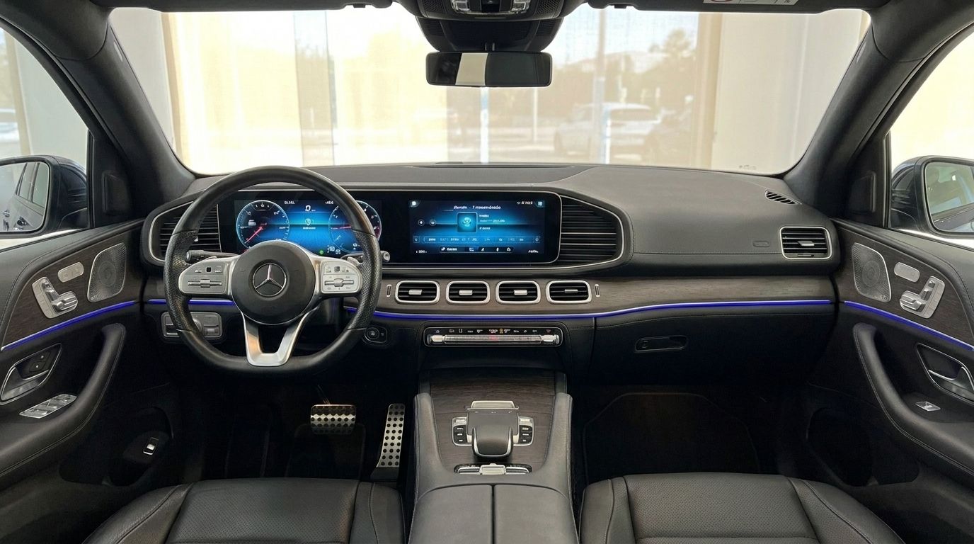 El lujoso interior del Mercedes-Benz GLE 350de 4MATIC AMG en Alicante, con el salpicadero, volante y pantallas de infoentretenimiento con iluminación ambiental.