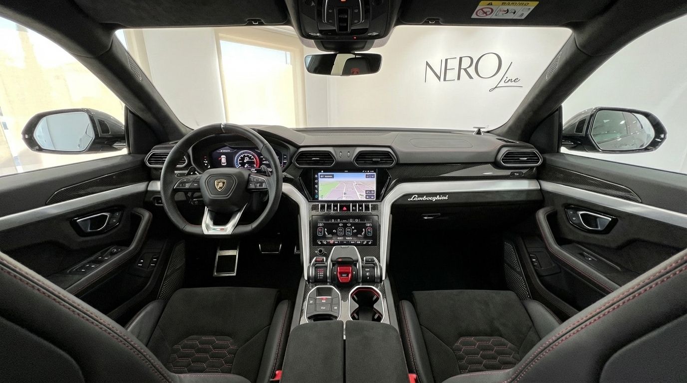 El lujoso interior del Lamborghini Urus S 2024 en Madrid, mostrando el avanzado salpicadero, volante y consola central.