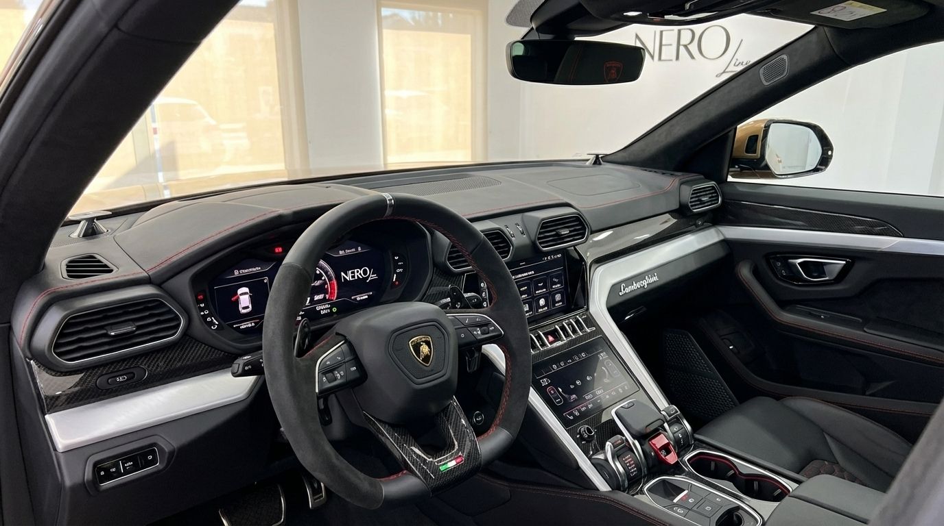 El lujoso interior del Lamborghini Urus S 2024 en Madrid, mostrando el volante, el salpicadero digital y la consola central con detalles rojos.