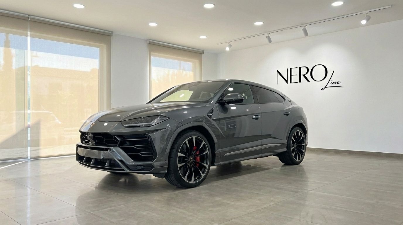 El Lamborghini Urus S 2024 gris grafito se exhibe en una vista frontal tres cuartos dentro de un lujoso showroom en Madrid.