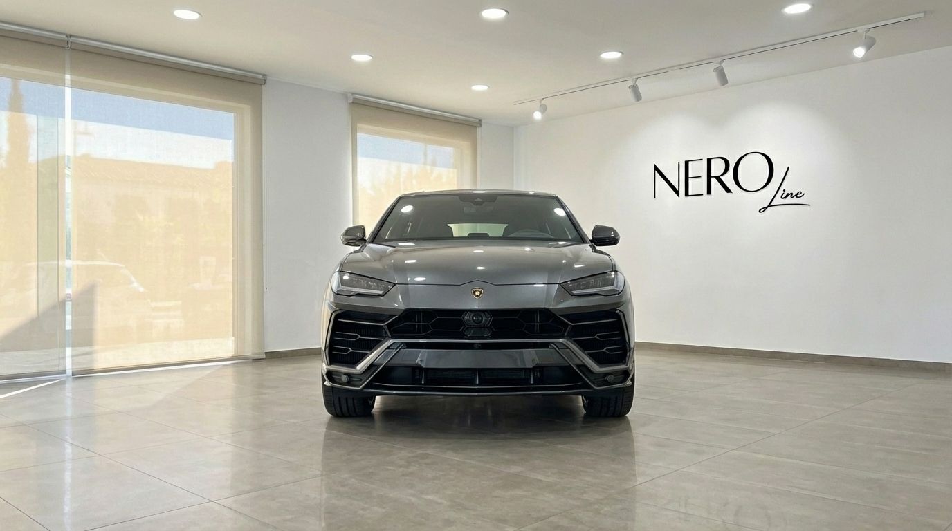 El Lamborghini Urus S 2024 gris grafito se exhibe de frente en un moderno concesionario de Madrid, con el logo de NERO Line.