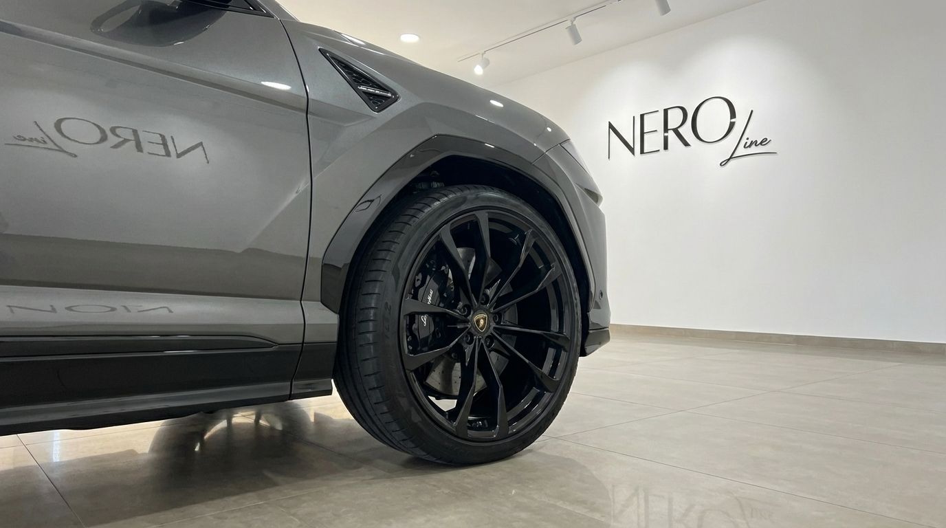 Primer plano de la rueda delantera y el panel lateral del Lamborghini Urus S gris grafito, expuesto en un showroom de Madrid.